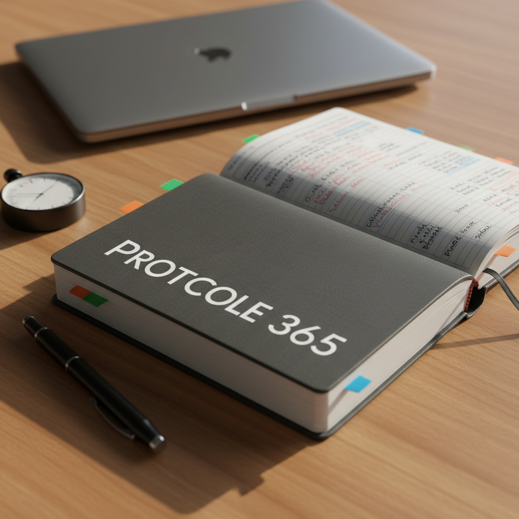 A thick, slightly worn hardcover journal with a bold, minimal cover reading “Protocole 365” in crisp white letters on deep charcoal, lying open on a smooth wooden desk. The pages are filled with dense, neatly organized handwritten notes, color-coded tabs, and underlined key ideas. Around it rest a sturdy black metal pen, a small analog timer, and a closed laptop in the background. Late-afternoon natural light from an unseen window rakes across the scene, casting decisive shadows and sharp highlights that emphasize texture. Photographic realism, eye-level composition with a shallow depth of field, keeping the journal in razor-sharp focus while the background blurs softly. The mood is determined, structured, and unapologetically focused, with a clean, modern aesthetic that suggests daily commitment to personal growth.