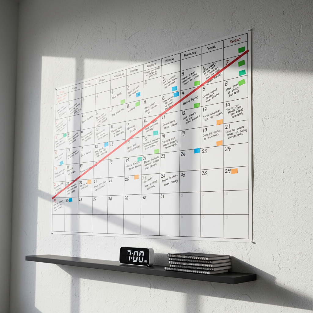A large, minimalist wall calendar spanning an entire white wall, each date square meticulously filled with bold black marker notes, colorful stickers, and checkmarks. A thick red diagonal line slashes triumphantly through each completed day, forming an unbroken chain. Below the calendar, a sleek black shelf holds a single digital clock and a stack of neatly arranged notebooks. Harsh, directional morning light from the left creates high-contrast shadows that dramatize the wall’s texture and accentuate the written details. Photographic realism with a slightly low-angle perspective, capturing the full calendar as the dominant subject. The atmosphere is intense, disciplined, and energetic, conveying the idea that every single day counts in the pursuit of personal evolution.